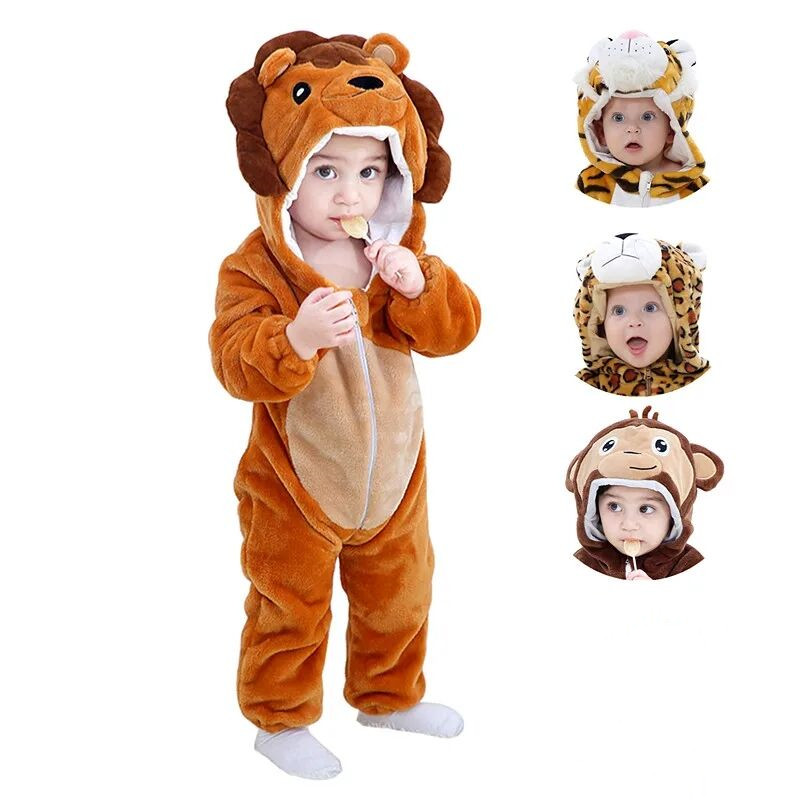 0-3Y Toddler Flannel Animal Costume Baby Newborn Lion Bodysuit Hooded