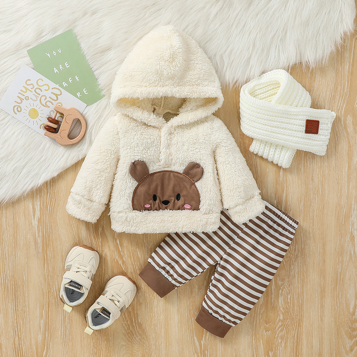 Baby Boys 2Pcs Newborn-6M Winter Long Sleeve Cartoon Bear Hooded Coat - Image 5